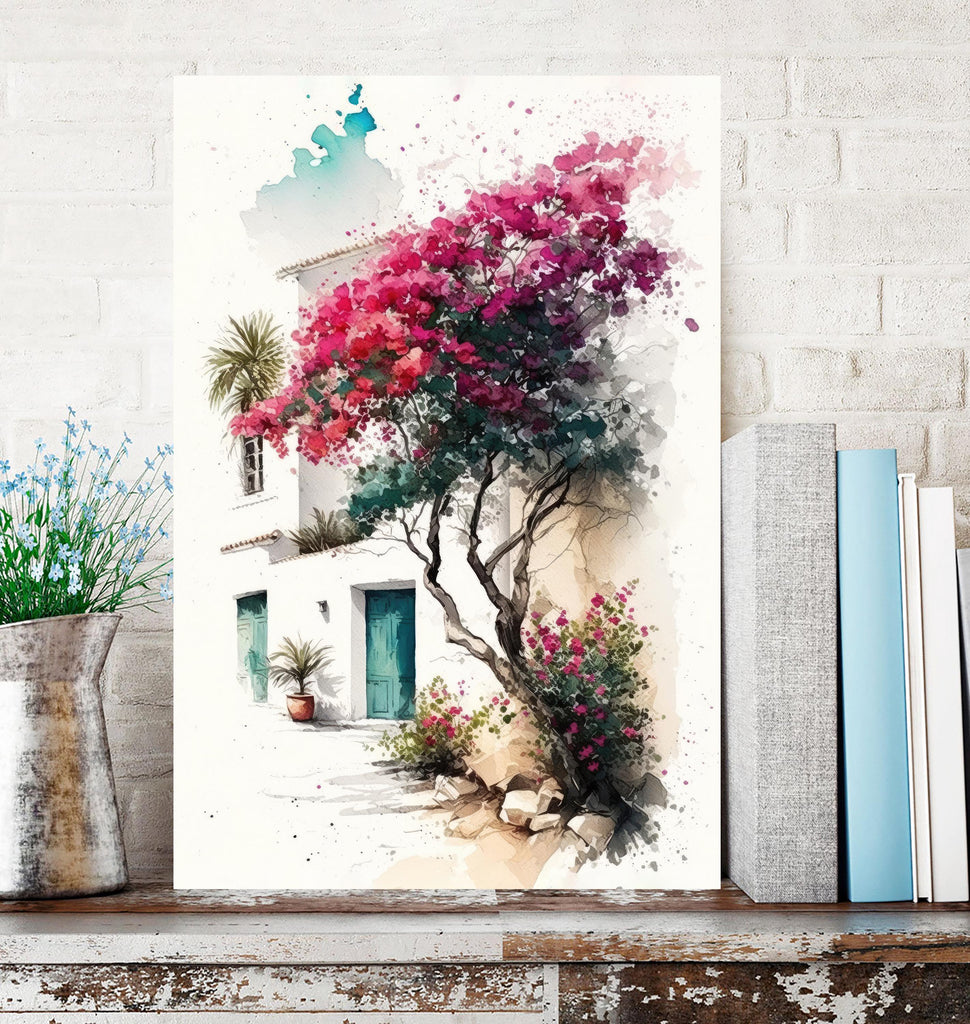 Bougainvillea Bonsai Vine Watercolor Painting Floral Print Mediterranean Botanical Wall Art Magenta Tropical Flowers Nature Inspired Decor