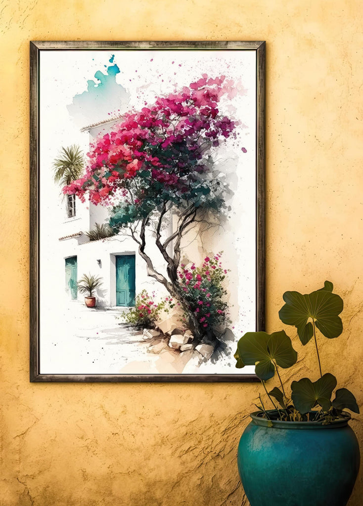 Bougainvillea Bonsai Vine Watercolor Painting Floral Print Mediterranean Botanical Wall Art Magenta Tropical Flowers Nature Inspired Decor