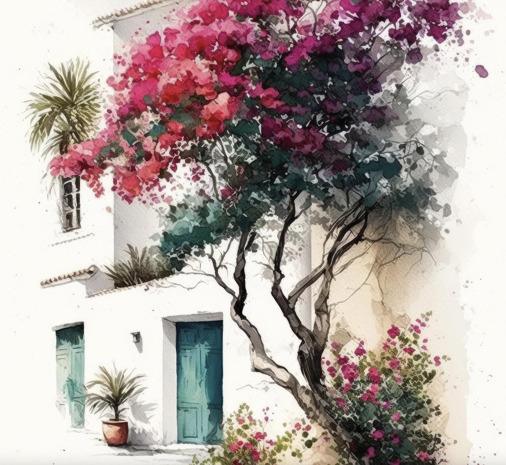 Bougainvillea Bonsai Vine Watercolor Painting Floral Print Mediterranean Botanical Wall Art Magenta Tropical Flowers Nature Inspired Decor