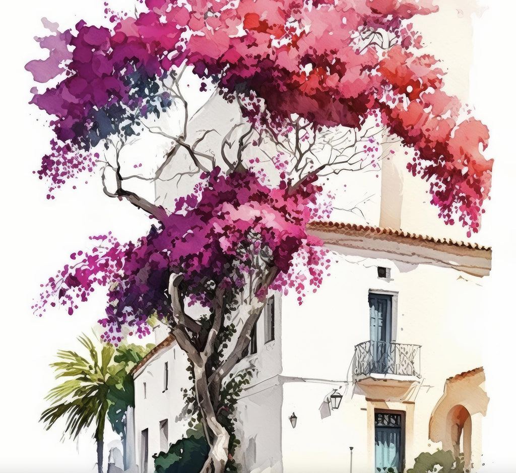 Bougainvillea Bonsai Vine Watercolor Painting Floral Print Mediterranean Botanical Wall Art Magenta Tropical Flowers Nature Inspired Decor