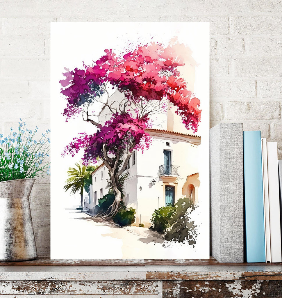 Bougainvillea Bonsai Vine Watercolor Painting Floral Print Mediterranean Botanical Wall Art Magenta Tropical Flowers Nature Inspired Decor