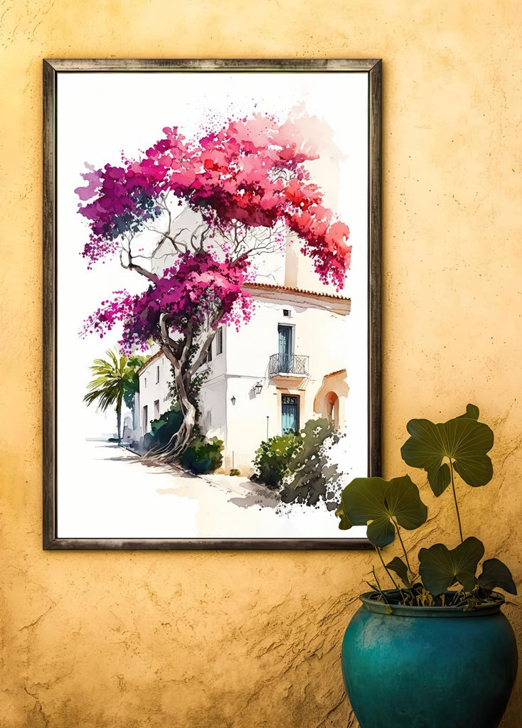 Bougainvillea Bonsai Vine Watercolor Painting Floral Print Mediterranean Botanical Wall Art Magenta Tropical Flowers Nature Inspired Decor