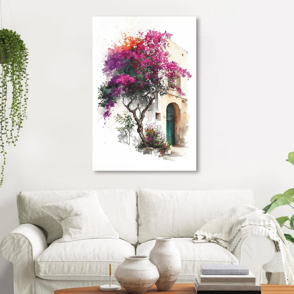 Bougainvillea Bonsai Vine Watercolor Painting Floral Print Mediterranean Botanical Wall Art Magenta Tropical Flowers Nature Inspired Decor