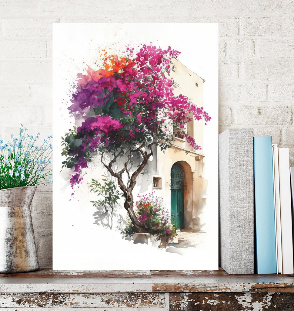 Bougainvillea Bonsai Vine Watercolor Painting Floral Print Mediterranean Botanical Wall Art Magenta Tropical Flowers Nature Inspired Decor
