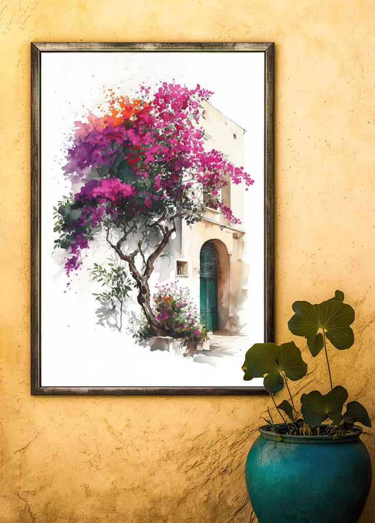 Bougainvillea Bonsai Vine Watercolor Painting Floral Print Mediterranean Botanical Wall Art Magenta Tropical Flowers Nature Inspired Decor