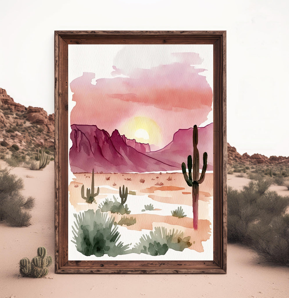 Minimalist Sonoran Desert Sunset Cactus Wall Art Southwest Nature Inspired Watercolor Print Western Decor Southwestern Landscape Painting