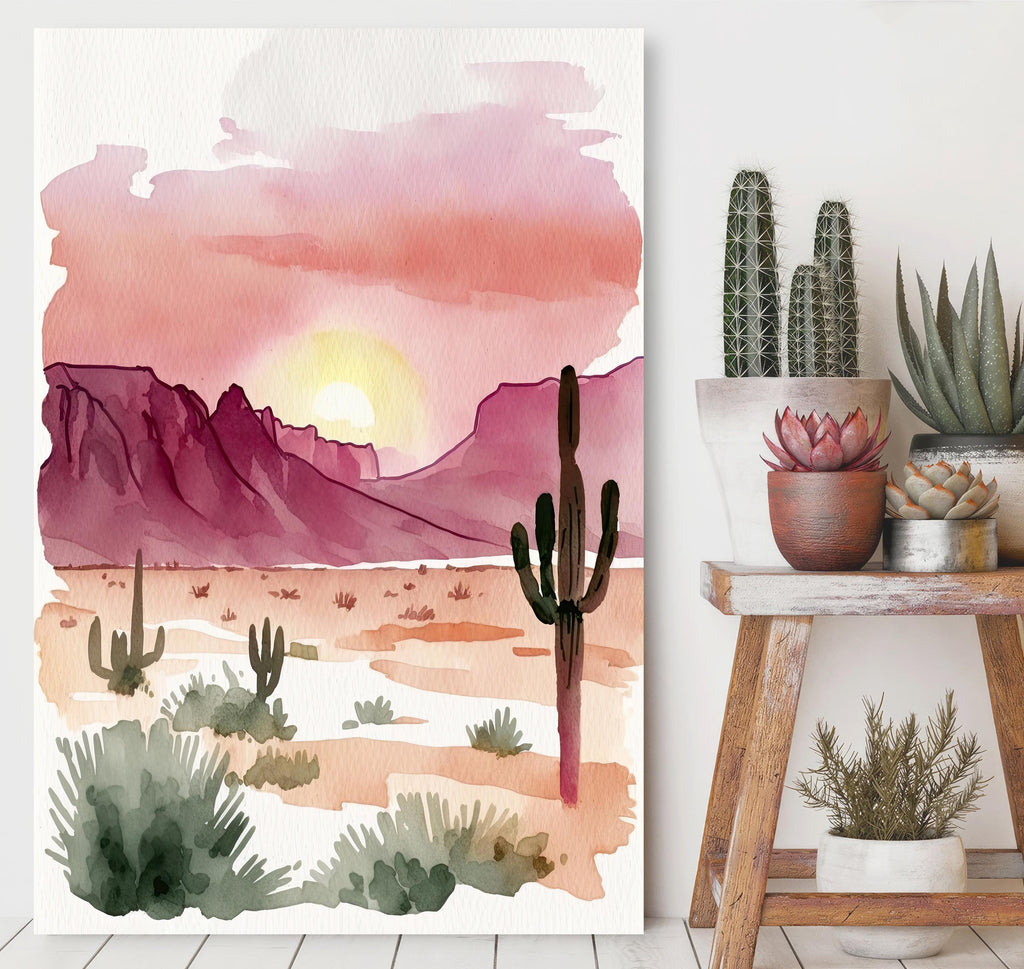Minimalist Sonoran Desert Sunset Cactus Wall Art Southwest Nature Inspired Watercolor Print Western Decor Southwestern Landscape Painting