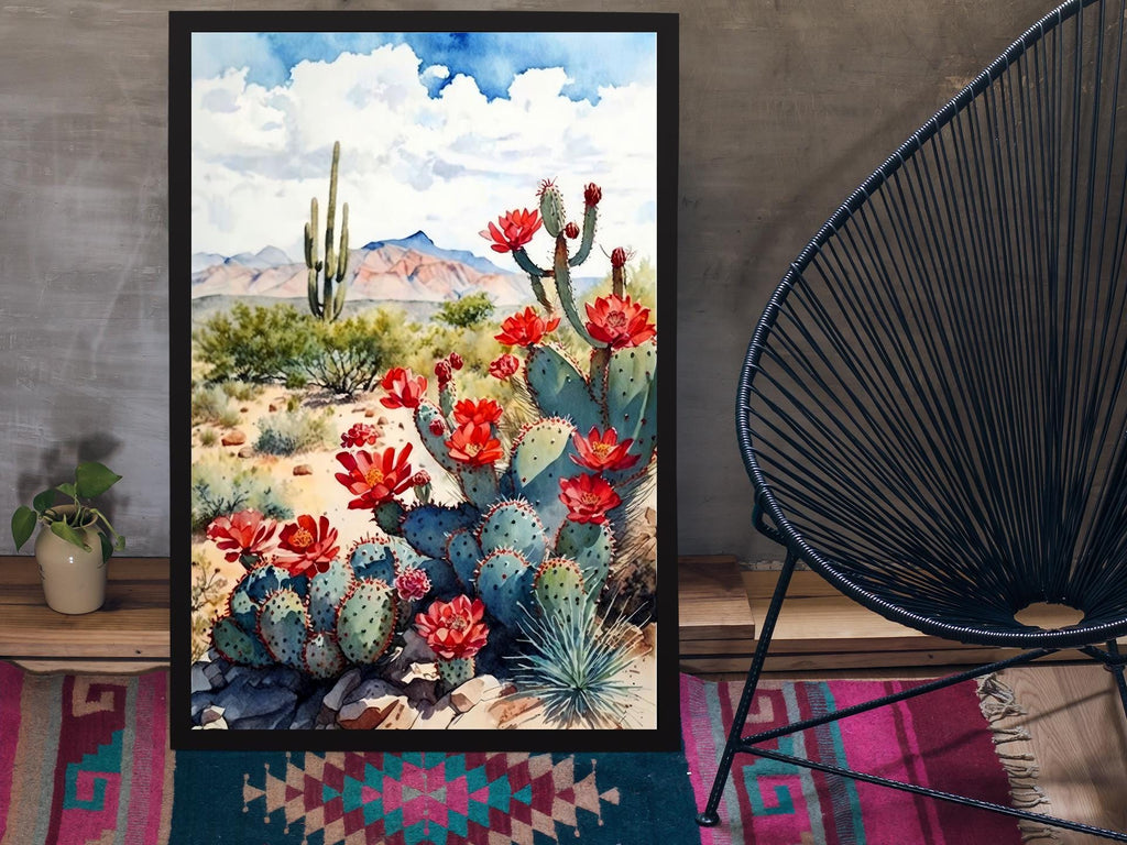 Arizona Cactus Flowers Wall Art Print Desert Landscape Painting Nature Inspired Boho Wall Decor Gift Sonoran Art Southwest Decor