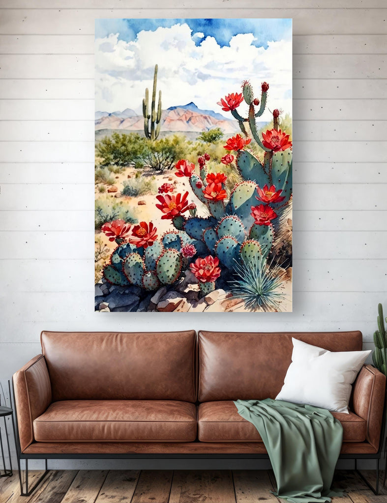 Arizona Cactus Flowers Wall Art Print Desert Landscape Painting Nature Inspired Boho Wall Decor Gift Sonoran Art Southwest Decor