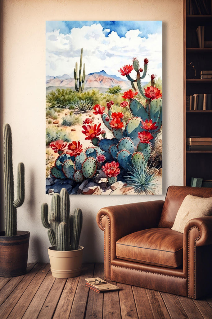 Arizona Cactus Flowers Wall Art Print Desert Landscape Painting Nature Inspired Boho Wall Decor Gift Sonoran Art Southwest Decor