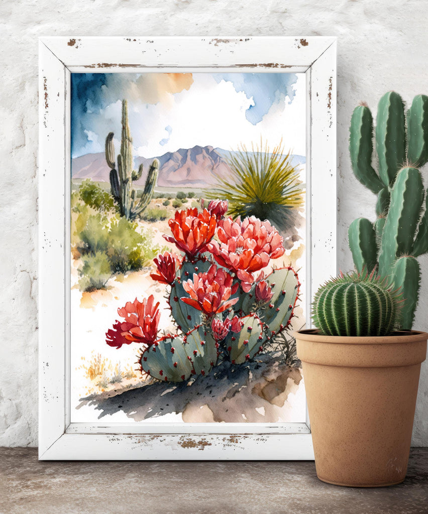 Arizona Cactus Flowers Wall Art Print Desert Landscape Painting Nature Inspired Boho Wall Decor Gift Sonoran Art Southwest Decor
