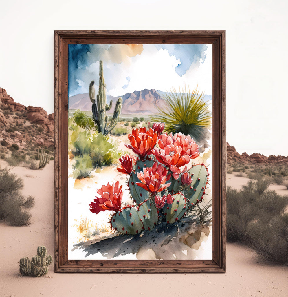 Arizona Cactus Flowers Wall Art Print Desert Landscape Painting Nature Inspired Boho Wall Decor Gift Sonoran Art Southwest Decor