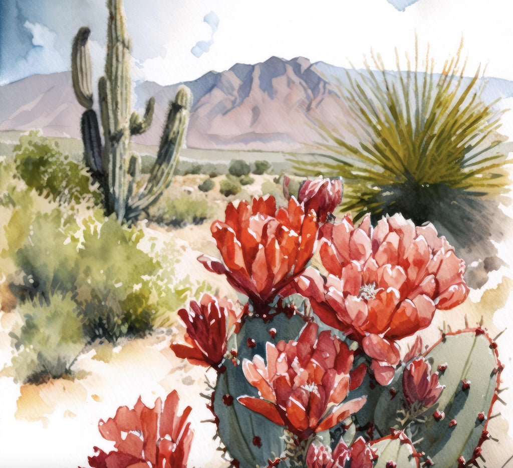 Arizona Cactus Flowers Wall Art Print Desert Landscape Painting Nature Inspired Boho Wall Decor Gift Sonoran Art Southwest Decor