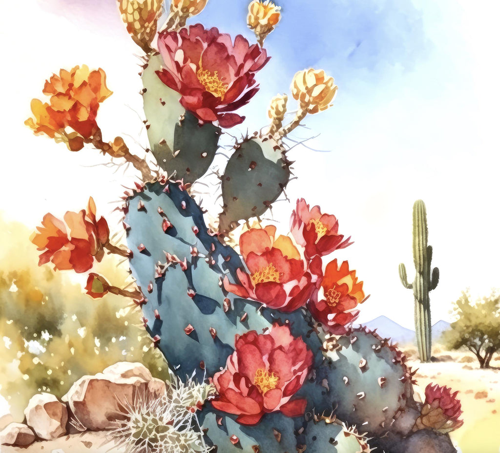Arizona Cactus Flowers Wall Art Print Desert Landscape Painting Nature Inspired Boho Wall Decor Gift Sonoran Art Southwest Decor