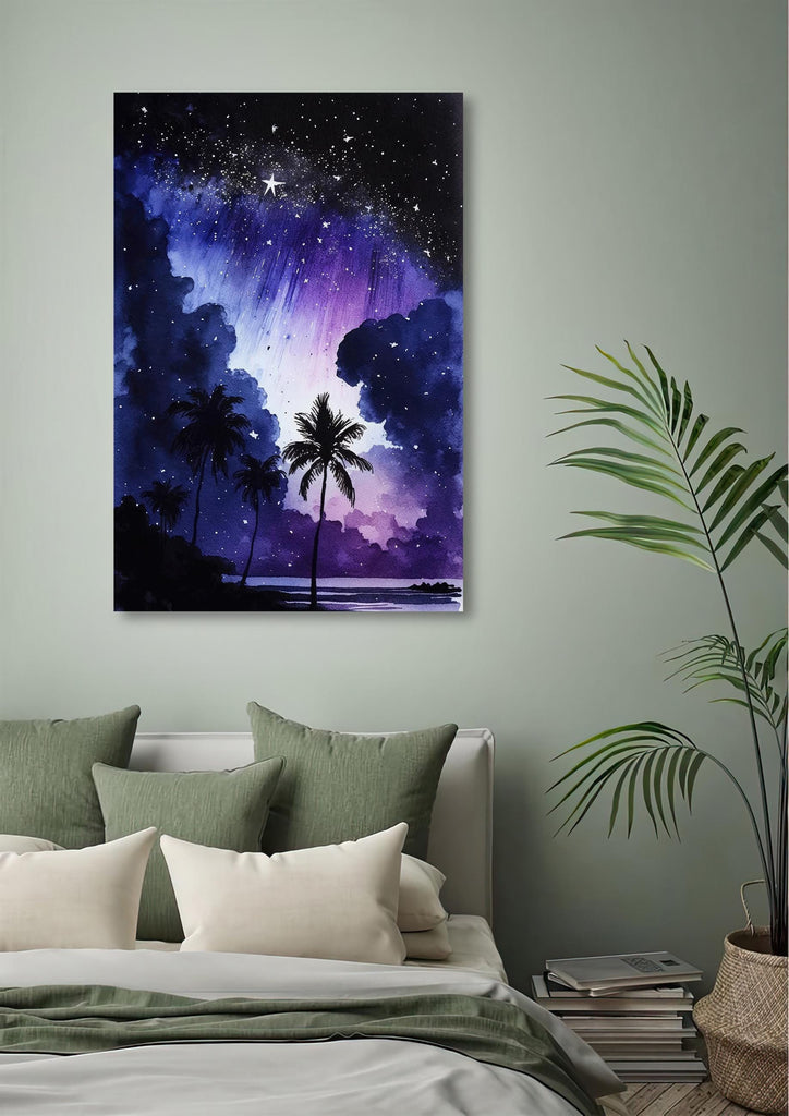 Palm Tree Night Sky Watercolor Print, Tropical Moon and Stars Wall Art, Dreamy Milky Way Beach Silhouette, Coastal Landscape Home Decor