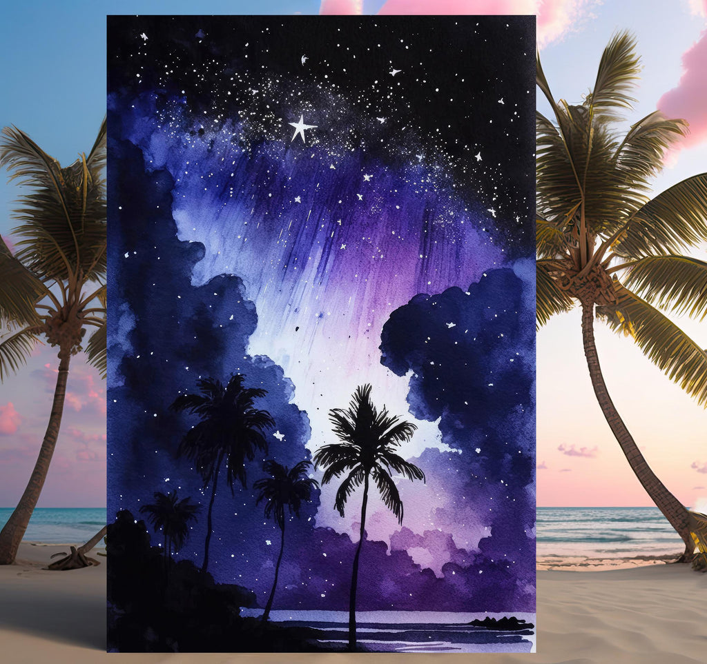 Palm Tree Night Sky Watercolor Print, Tropical Moon and Stars Wall Art, Dreamy Milky Way Beach Silhouette, Coastal Landscape Home Decor