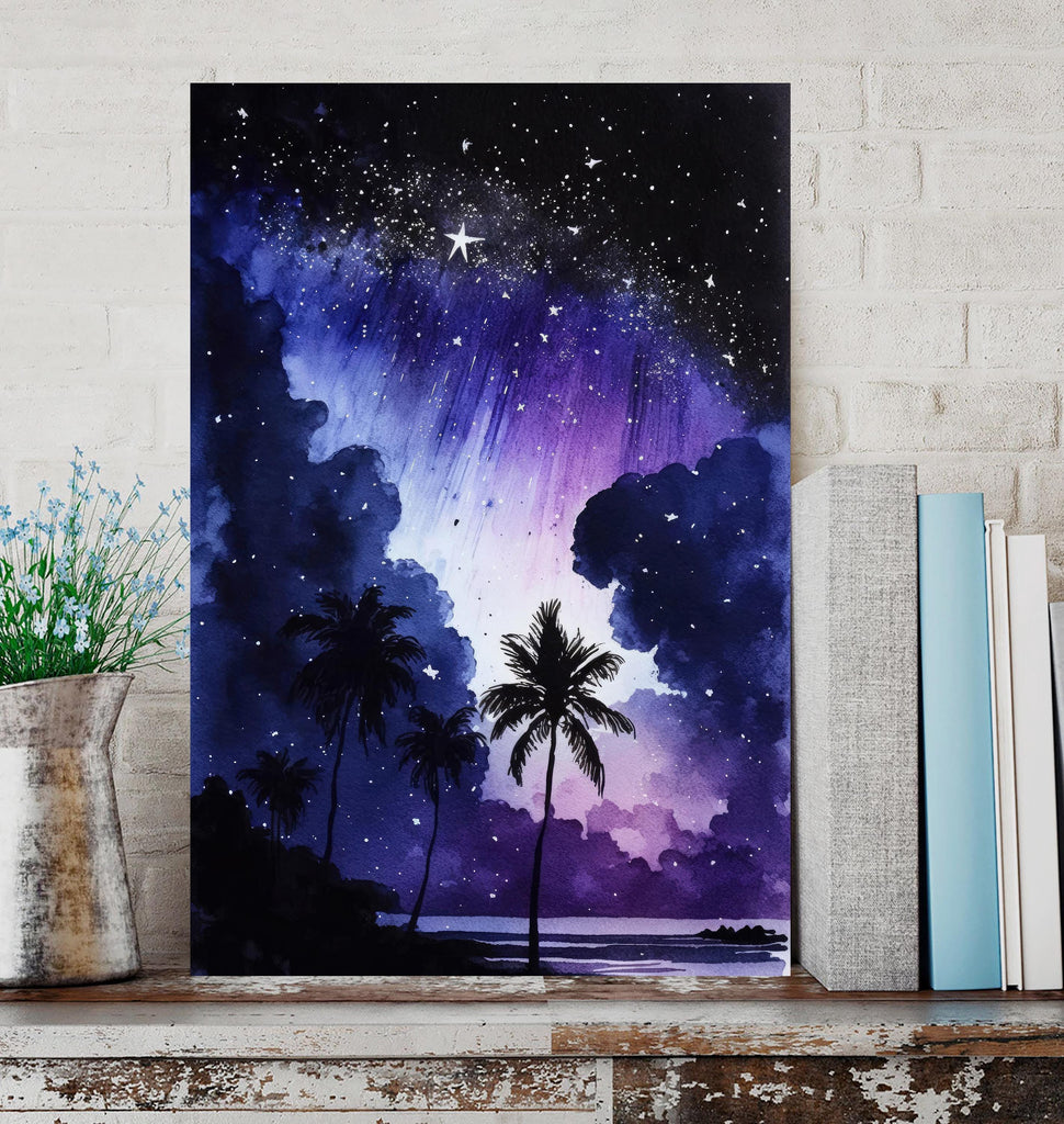 Palm Tree Night Sky Watercolor Print, Tropical Moon and Stars Wall Art, Dreamy Milky Way Beach Silhouette, Coastal Landscape Home Decor