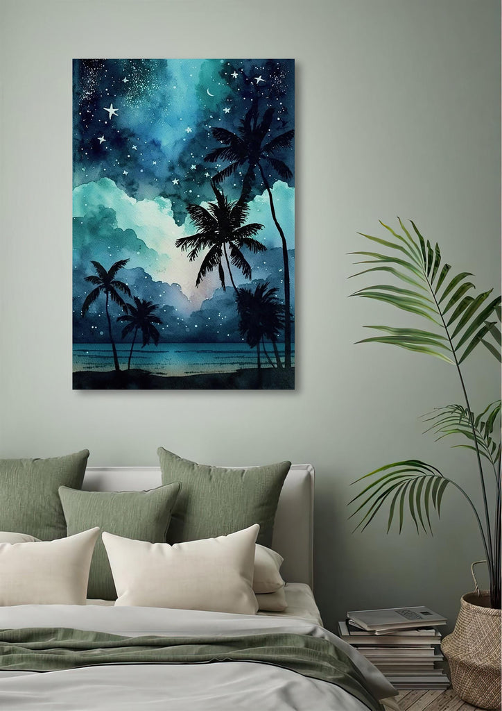 Palm Tree Night Sky Watercolor Print, Tropical Moon and Stars Wall Art, Dreamy Milky Way Beach Silhouette, Coastal Landscape Home Decor