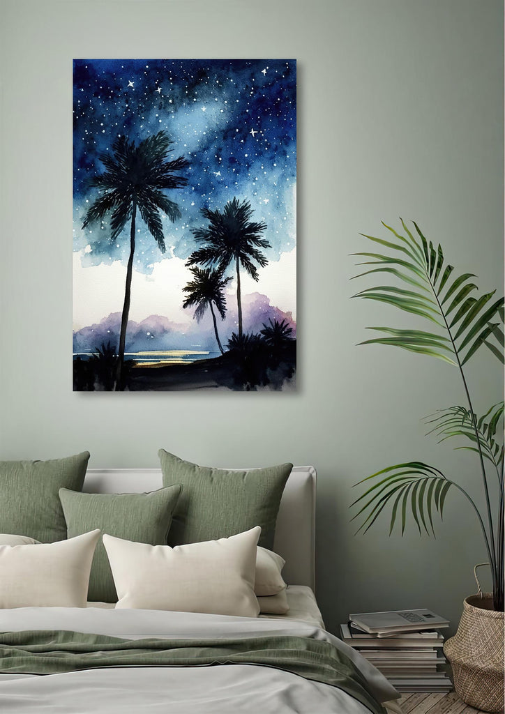 Palm Tree Night Sky Watercolor Print, Tropical Moon and Stars Wall Art, Dreamy Milky Way Beach Silhouette, Coastal Landscape Home Decor