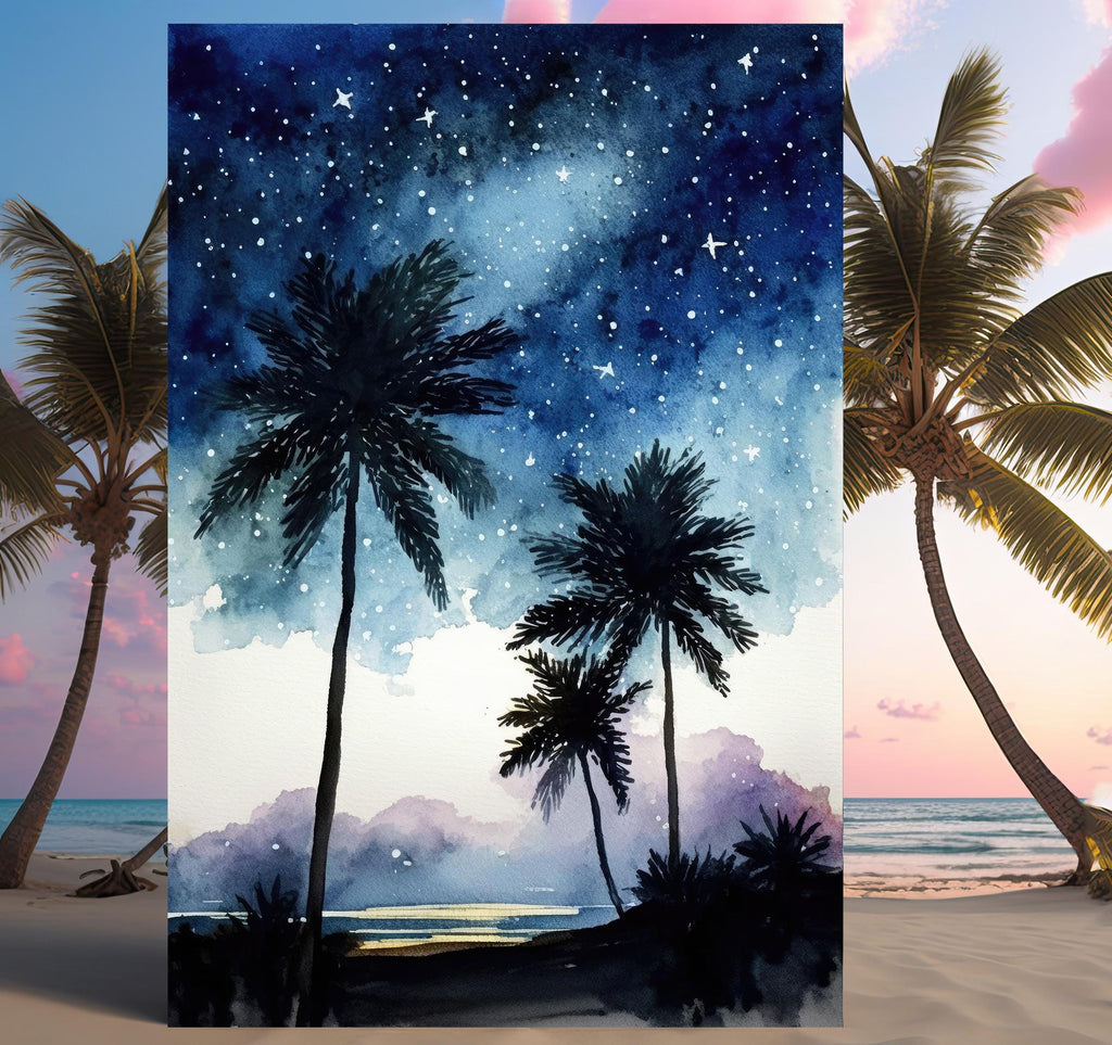 Palm Tree Night Sky Watercolor Print, Tropical Moon and Stars Wall Art, Dreamy Milky Way Beach Silhouette, Coastal Landscape Home Decor