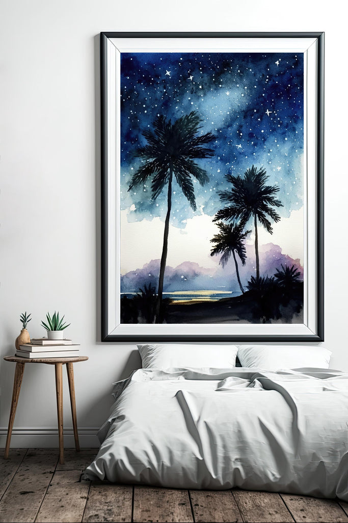 Palm Tree Night Sky Watercolor Print, Tropical Moon and Stars Wall Art, Dreamy Milky Way Beach Silhouette, Coastal Landscape Home Decor