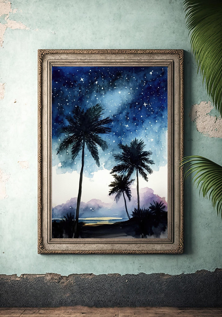 Palm Tree Night Sky Watercolor Print, Tropical Moon and Stars Wall Art, Dreamy Milky Way Beach Silhouette, Coastal Landscape Home Decor
