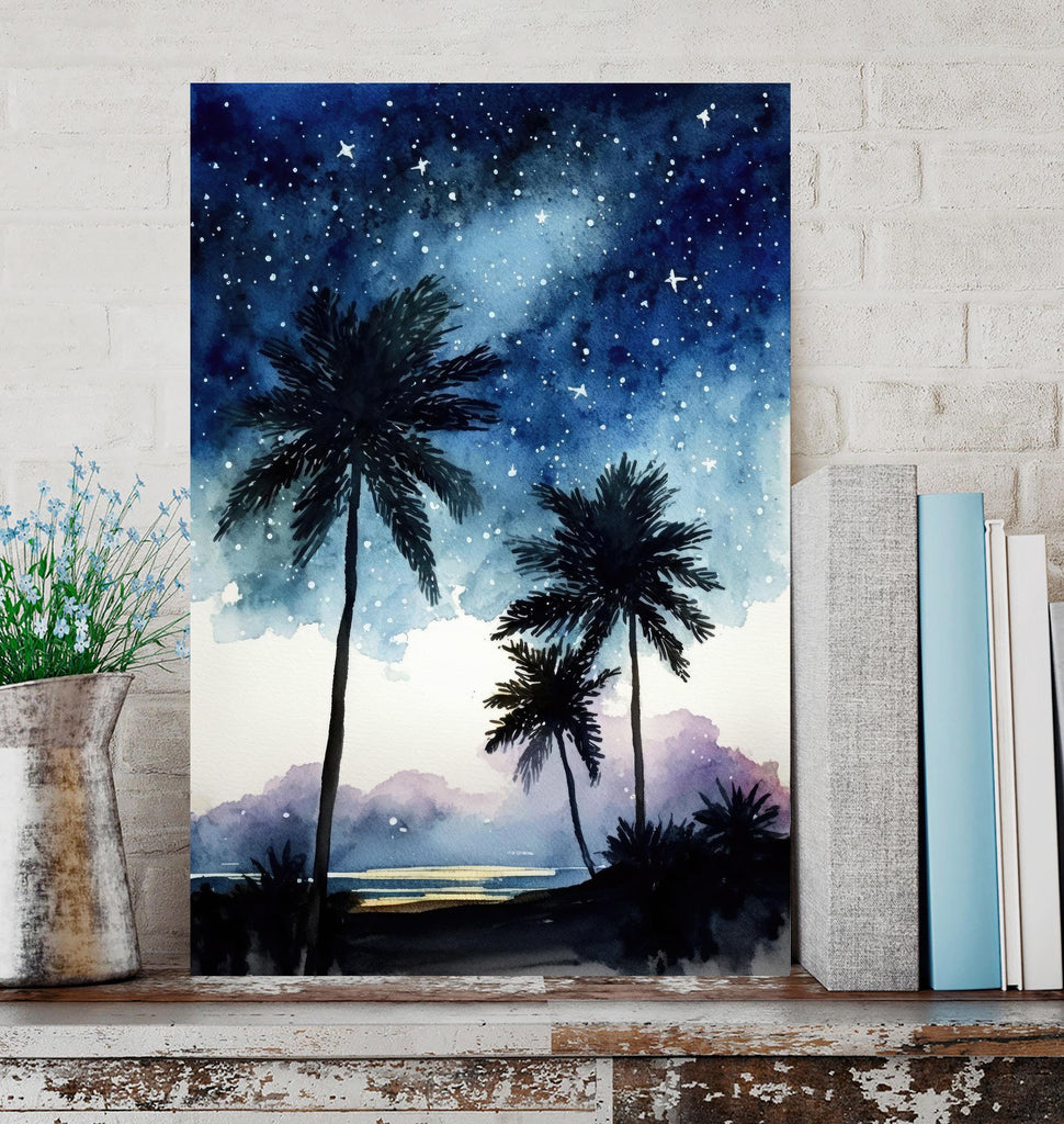 Palm Tree Night Sky Watercolor Print, Tropical Moon and Stars Wall Art, Dreamy Milky Way Beach Silhouette, Coastal Landscape Home Decor