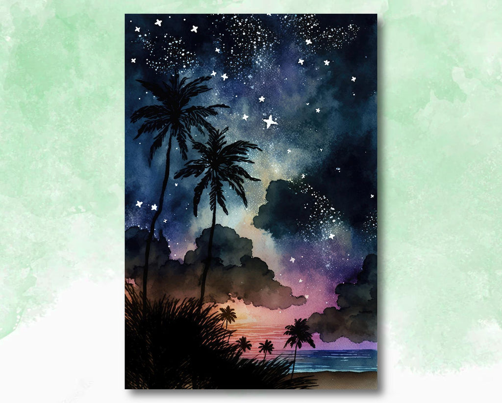 Palm Tree Night Sky Watercolor Print, Tropical Moon and Stars Wall Art, Dreamy Milky Way Beach Silhouette, Coastal Landscape Home Decor