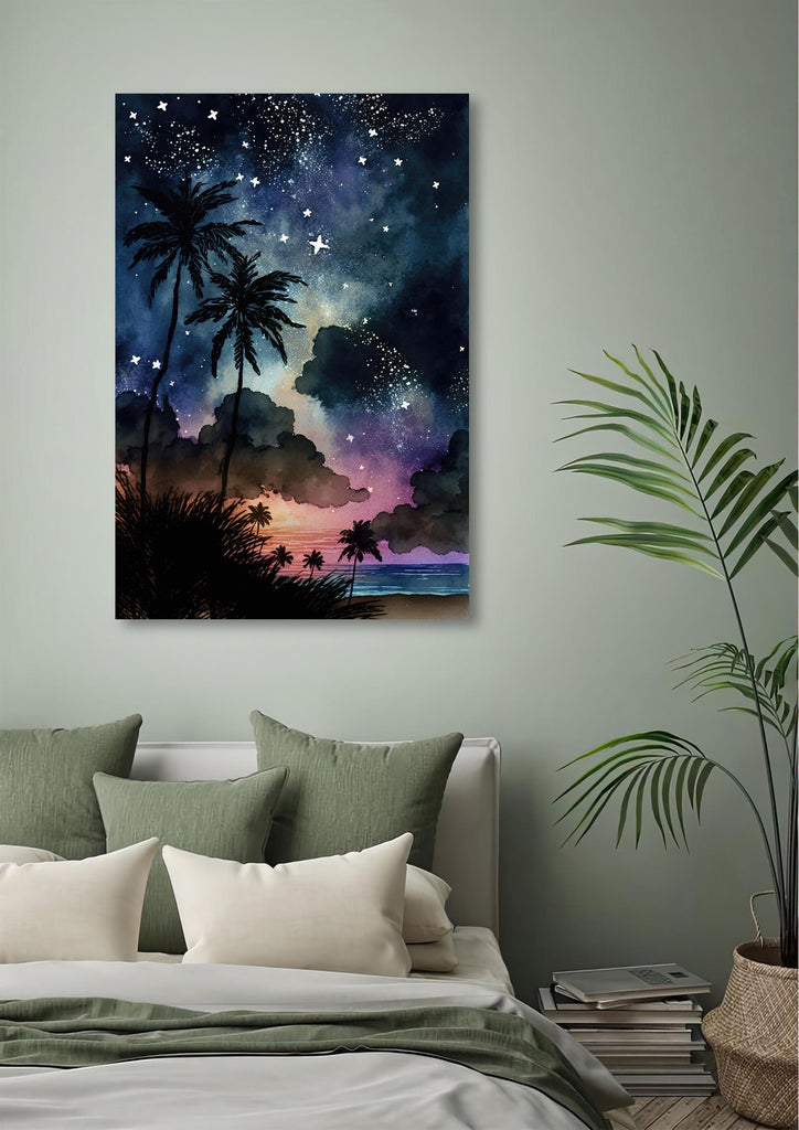 Palm Tree Night Sky Watercolor Print, Tropical Moon and Stars Wall Art, Dreamy Milky Way Beach Silhouette, Coastal Landscape Home Decor