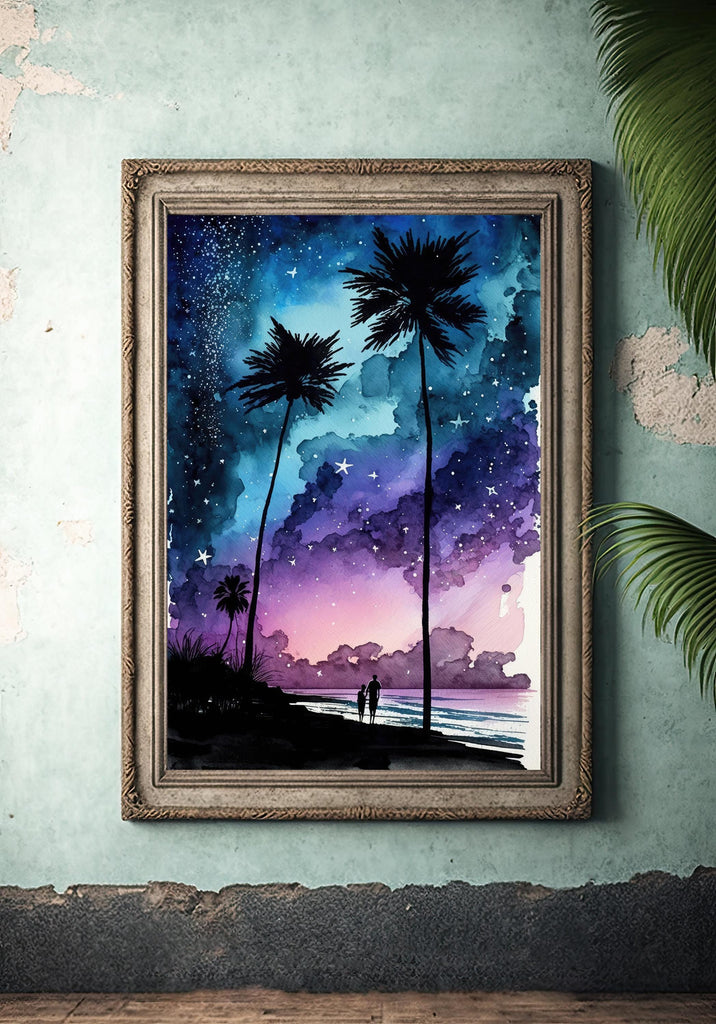 Palm Tree Night Sky Watercolor Print, Tropical Moon and Stars Wall Art, Dreamy Milky Way Beach Silhouette, Coastal Landscape Home Decor