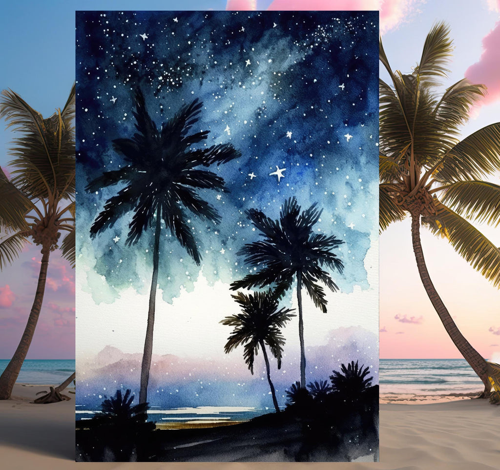 Palm Tree Night Sky Watercolor Print, Tropical Moon and Stars Wall Art, Dreamy Milky Way Beach Silhouette, Coastal Landscape Home Decor