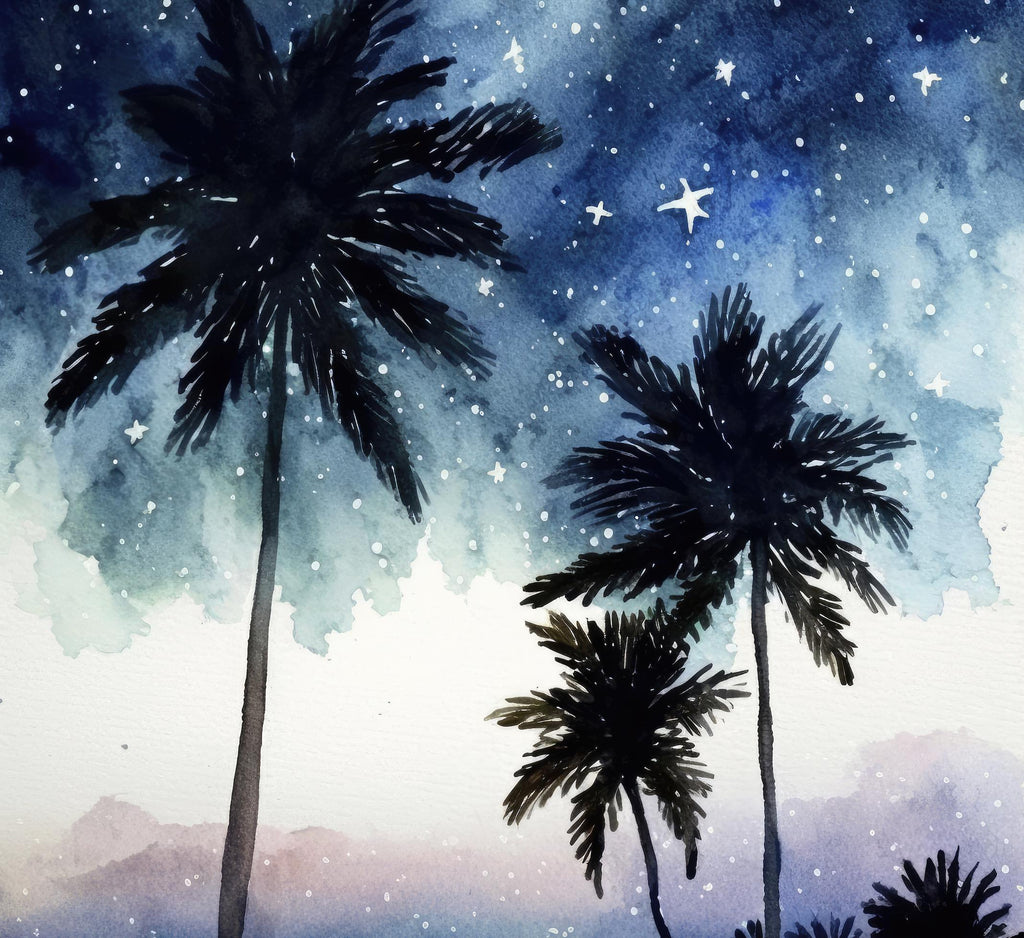 Palm Tree Night Sky Watercolor Print, Tropical Moon and Stars Wall Art, Dreamy Milky Way Beach Silhouette, Coastal Landscape Home Decor