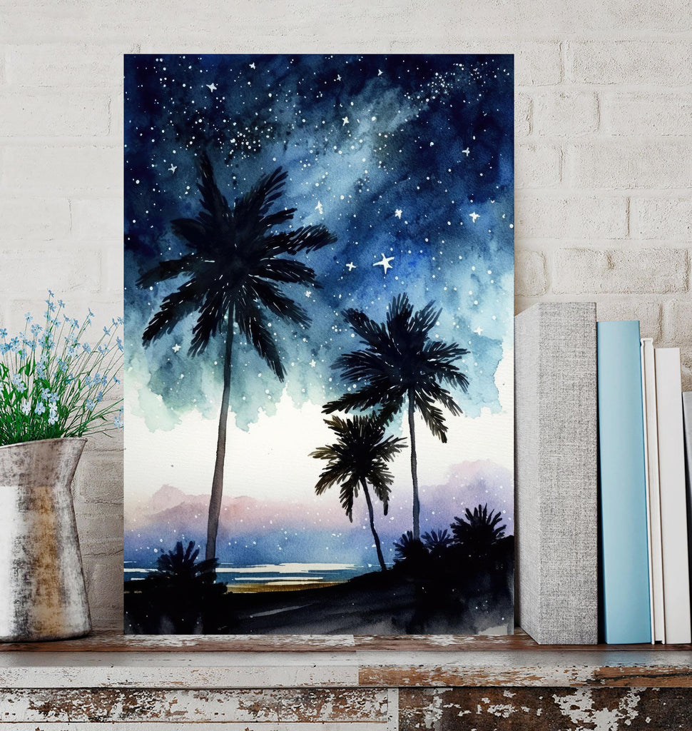 Palm Tree Night Sky Watercolor Print, Tropical Moon and Stars Wall Art, Dreamy Milky Way Beach Silhouette, Coastal Landscape Home Decor