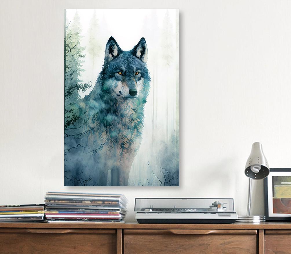 Watercolor Wolf Print, Forest Animal Wall Art Poster, Nature Wildlife Canvas Gift, Wild Woodland Painting, Rustic Lodge Home Decor