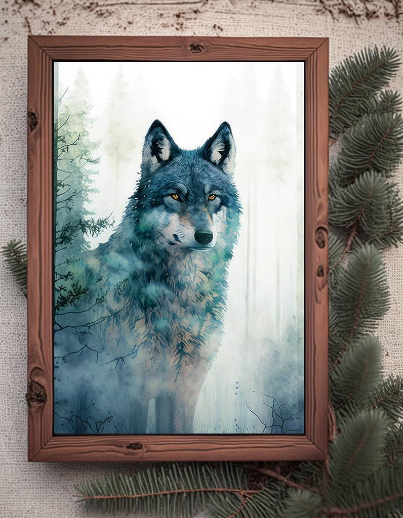Watercolor Wolf Print, Forest Animal Wall Art Poster, Nature Wildlife Canvas Gift, Wild Woodland Painting, Rustic Lodge Home Decor
