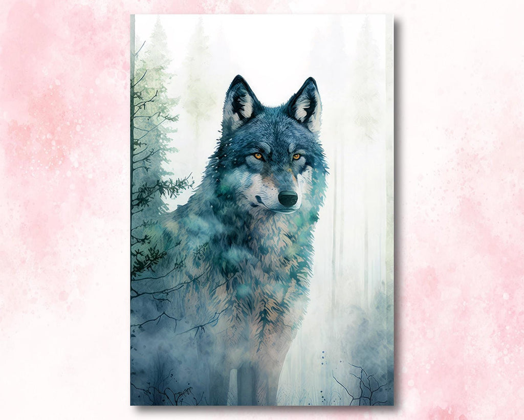 Watercolor Wolf Print, Forest Animal Wall Art Poster, Nature Wildlife Canvas Gift, Wild Woodland Painting, Rustic Lodge Home Decor