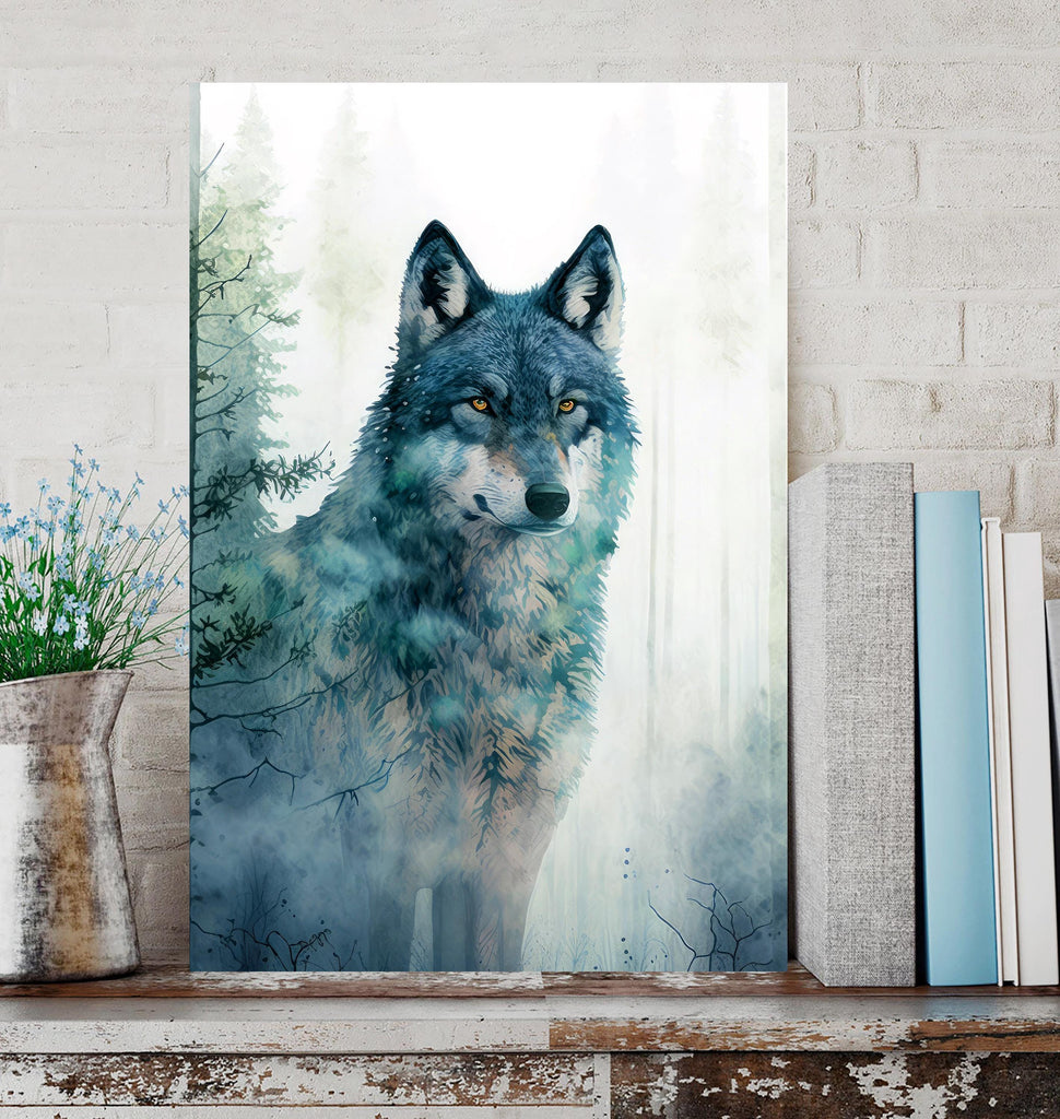 Watercolor Wolf Print, Forest Animal Wall Art Poster, Nature Wildlife Canvas Gift, Wild Woodland Painting, Rustic Lodge Home Decor