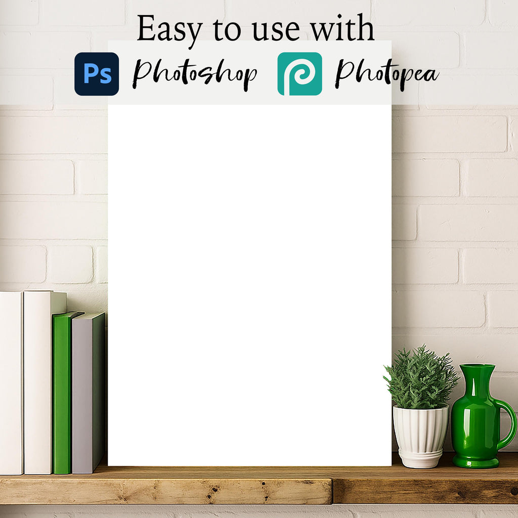 Modern Shelf Poster Mockup – 2:3 Vertical Canvas PSD Template, Wall Art Mockup for Etsy Sellers, Minimalist Art Display Scene