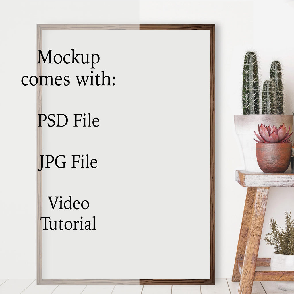 Western Boho Poster Mockup – 2:3 Vertical Frame PSD Template, Cactus Wall Art Mockup, Rustic Southwest Display for Etsy Sellers