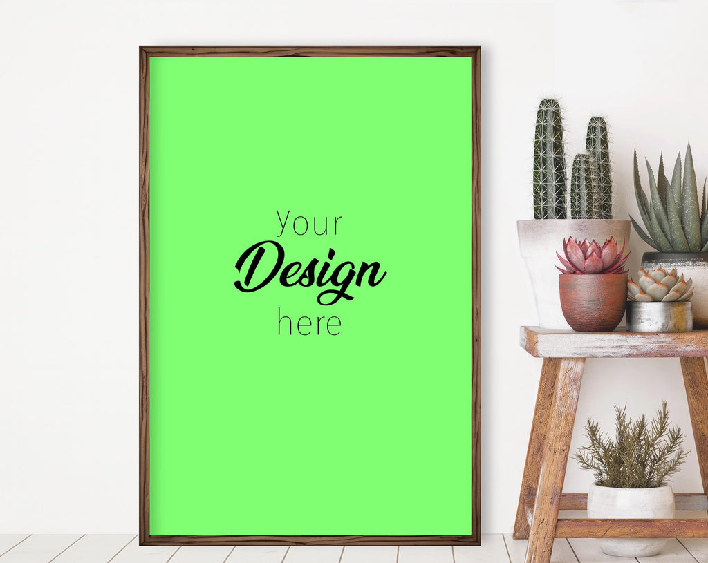 Western Boho Poster Mockup – 2:3 Vertical Frame PSD Template, Cactus Wall Art Mockup, Rustic Southwest Display for Etsy Sellers