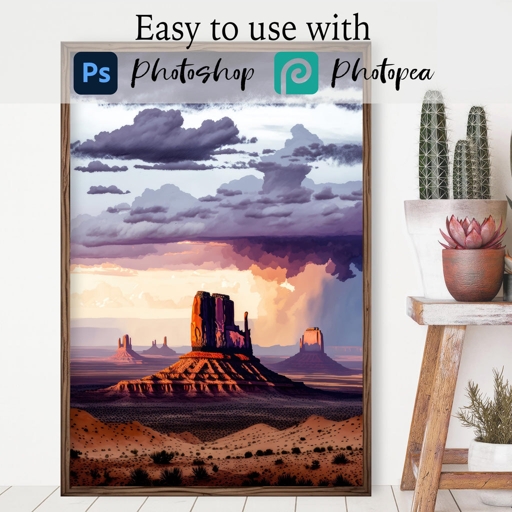 Western Boho Poster Mockup – 2:3 Vertical Frame PSD Template, Cactus Wall Art Mockup, Rustic Southwest Display for Etsy Sellers