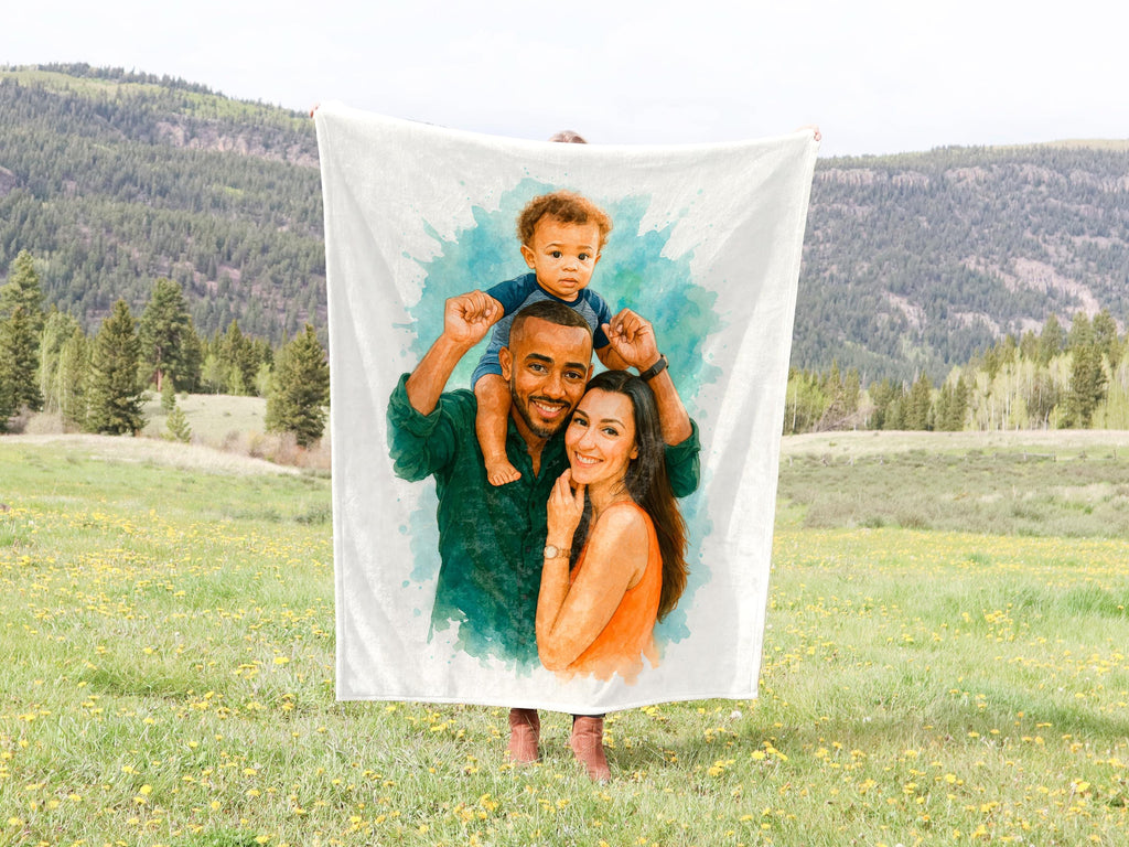 Custom Watercolor Blanket From Photo, Family Portrait, Pet Lover Blanket, Unique Wedding Gift, Personalized Home Decor.