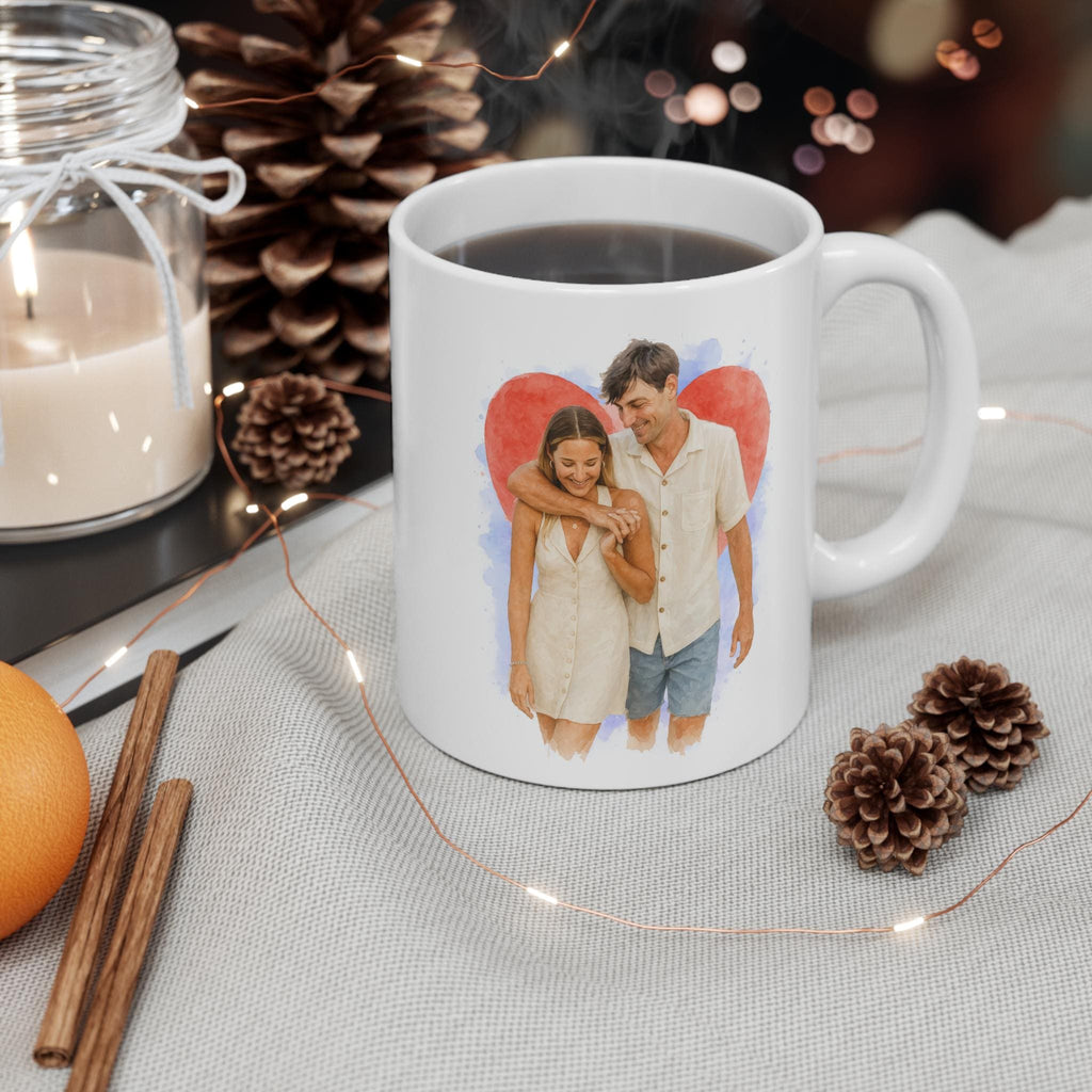Custom Watercolor Ceramic Coffee Mug, Family Portrait, Pet Lover Cup, Unique Wedding Gift, Personalized Coffee Mug - 11oz