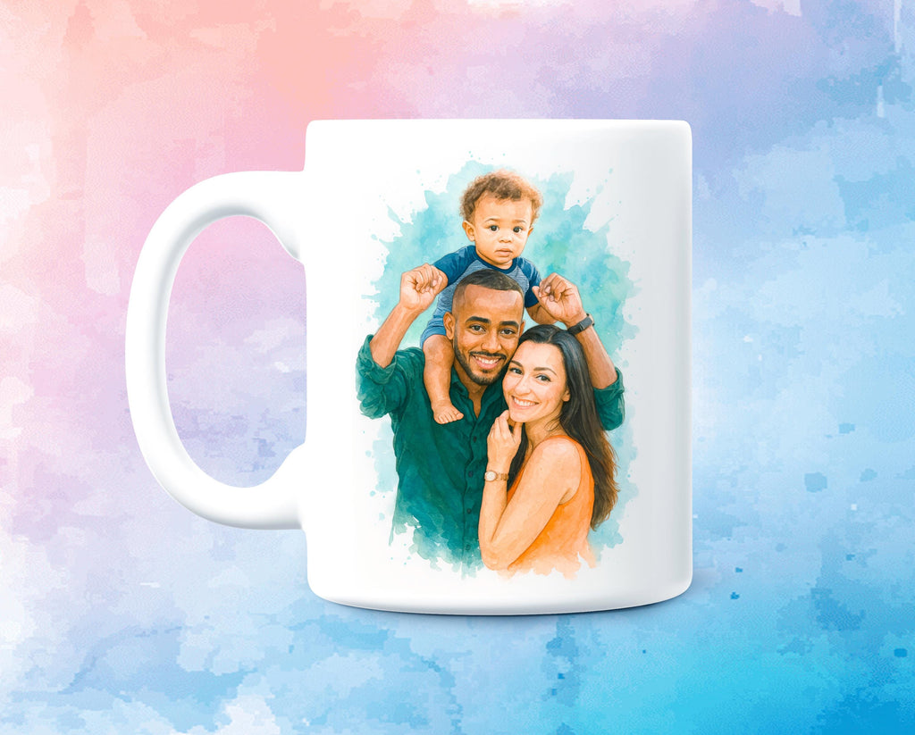 Custom Watercolor Ceramic Coffee Mug, Family Portrait, Pet Lover Cup, Unique Wedding Gift, Personalized Coffee Mug - 11oz