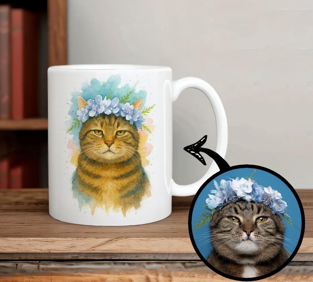 Custom Cat Coffee Mug Watercolor Portrait From Photo, Unique Personalized Pet Memorial, Cute Cat Lover gift, Kitten Keepsake Drinkware