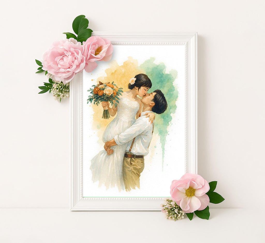 Personalized Bride and Groom Watercolor Portrait from Photo, Custom Wedding Gift, Romantic Anniversary Couple Print, Keepsake Wall Art