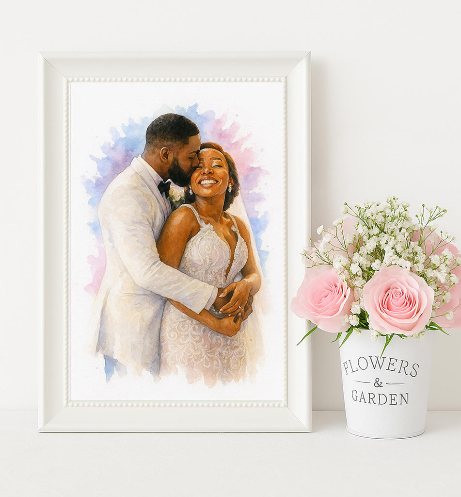 Personalized Bride and Groom Watercolor Portrait from Photo, Custom Wedding Gift, Romantic Anniversary Couple Print, Keepsake Wall Art