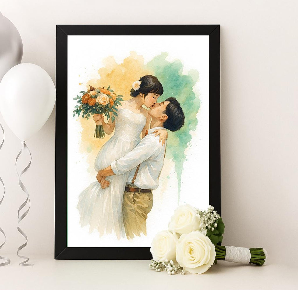Wedding Anniversary Gift Watercolor Portrait from Photo, Personalized Couple Print, Custom Bride and Groom Wall Art Keepsake