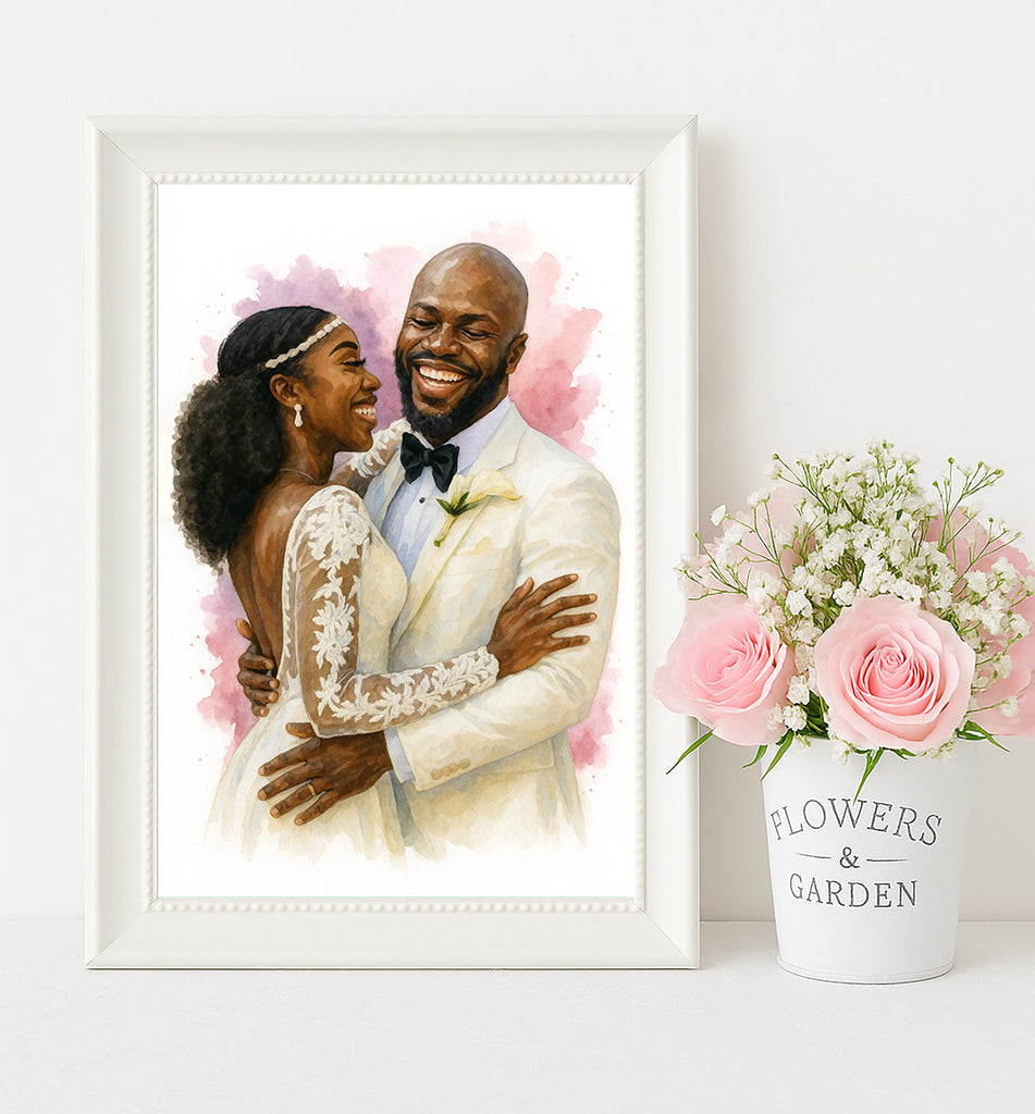 Wedding Anniversary Gift Watercolor Portrait from Photo, Personalized Couple Print, Custom Bride and Groom Wall Art Keepsake