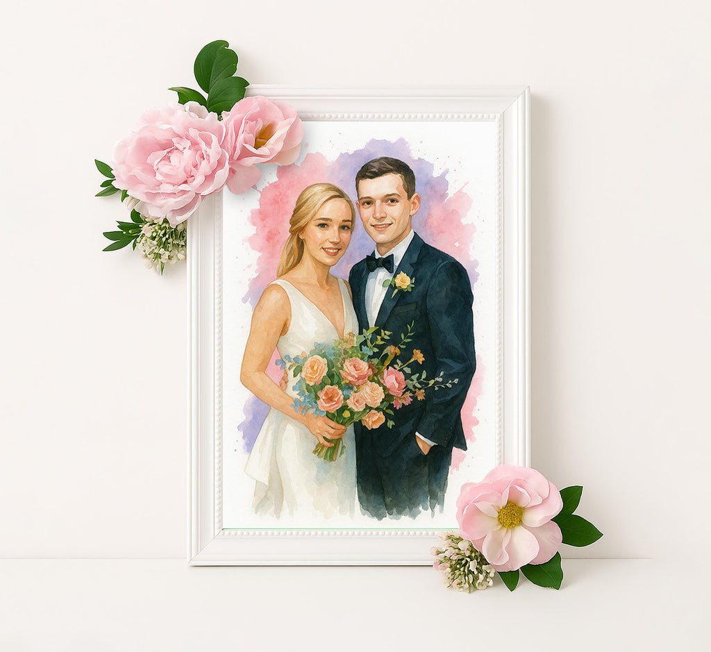 Wedding Anniversary Gift Watercolor Portrait from Photo, Personalized Couple Print, Custom Bride and Groom Wall Art Keepsake